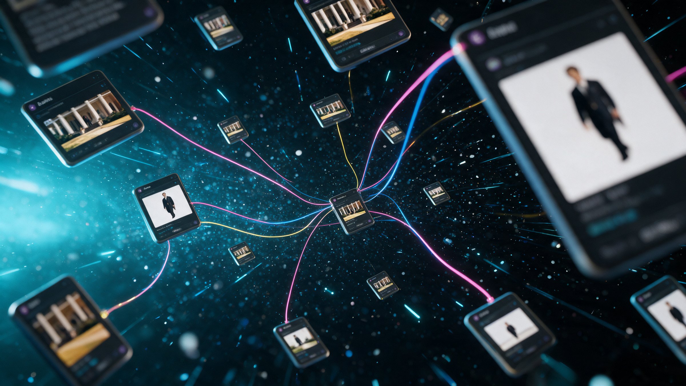 Icarus nodes floating in deep space, joined by glowing pink, blue and gold wires that converge on a single shot